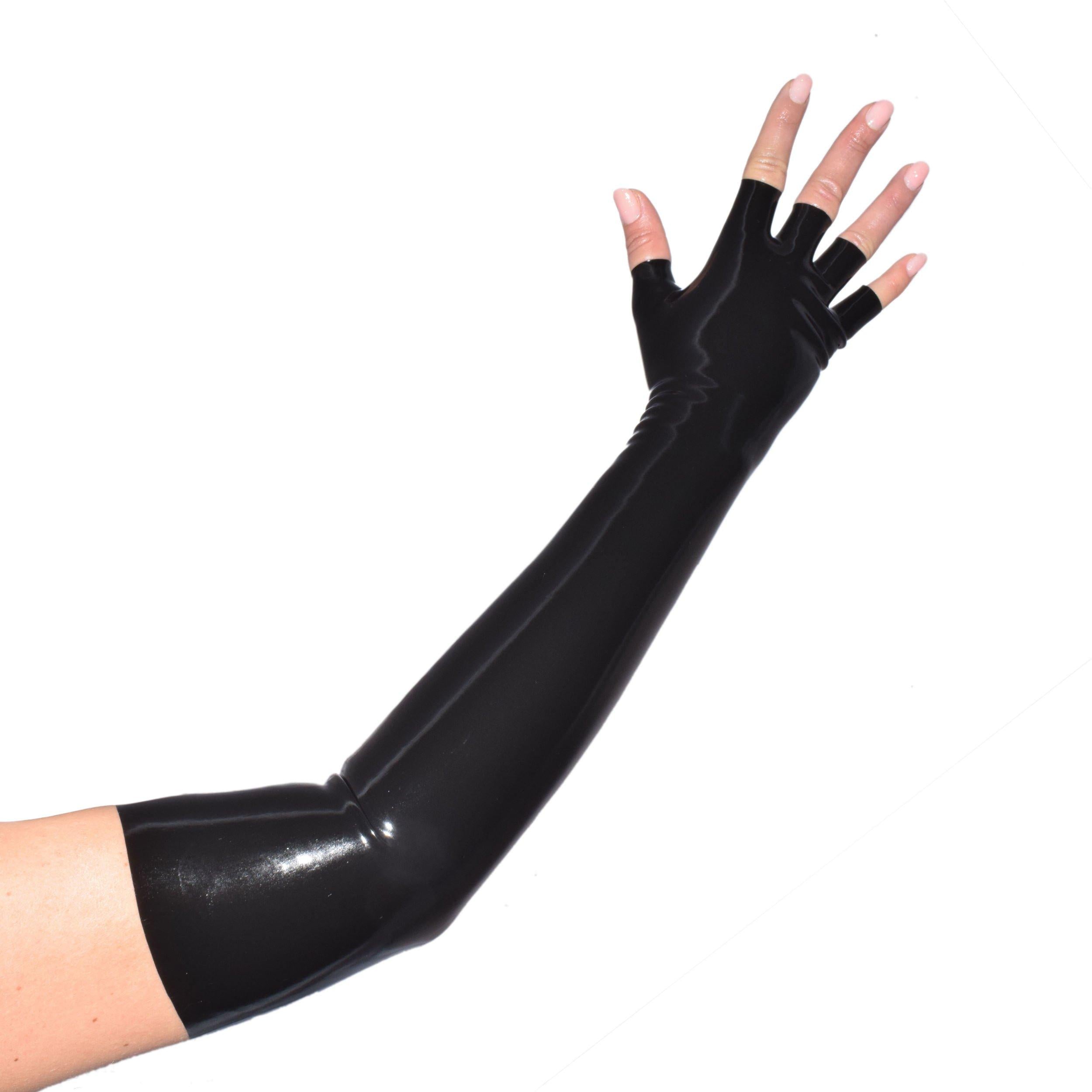 Rubberfashion lange Latex Handschuhe - offene Finger - Latexhandschuhe lang bis zum Oberarm für Damen und Herren Paar